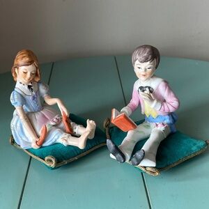 Lenwile Vintage Porcelain Boy and Girl Figurines on Cushions